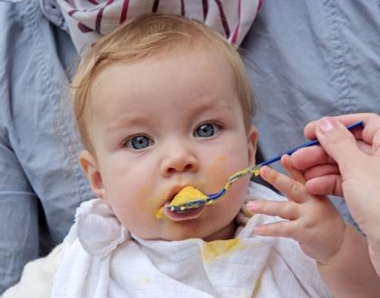 Eltern füttern ihr Baby mit Beikost aus dem Hochleistungsmixer.
